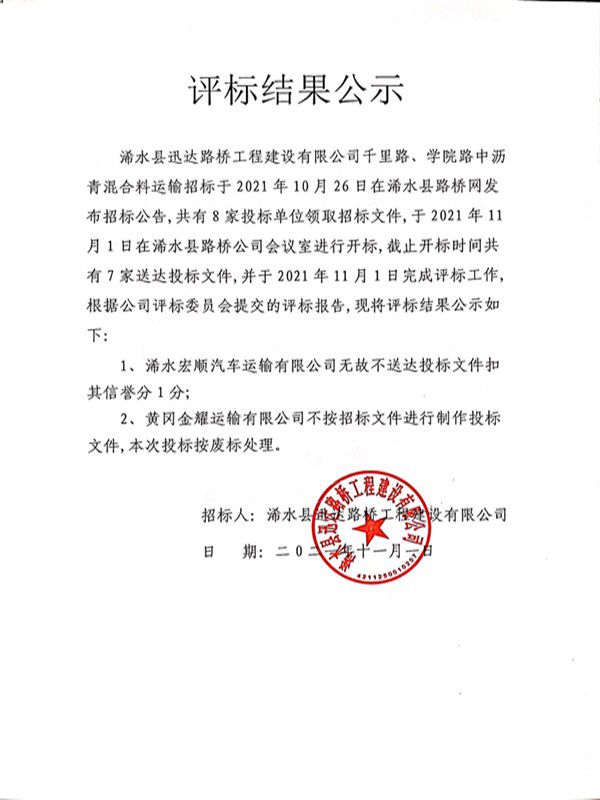 千里路、學(xué)院路瀝青混凝土運(yùn)輸評(píng)標(biāo)結(jié)果公示